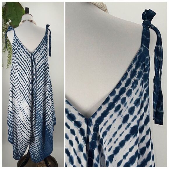 The Pō`alima Romper Blue/White V-Neck V Back Shoulder Tie  Boho Gypsy  Wide Leg - Picture 5 of 15